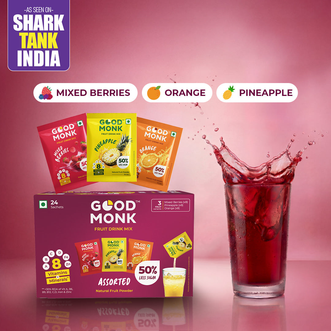 Instant Fruit Drink Mix - Assorted (Natural Orange, Mixed Berries, Pineapple Powder), 50% Less Sugar, With 8 Vitamins & Minerals