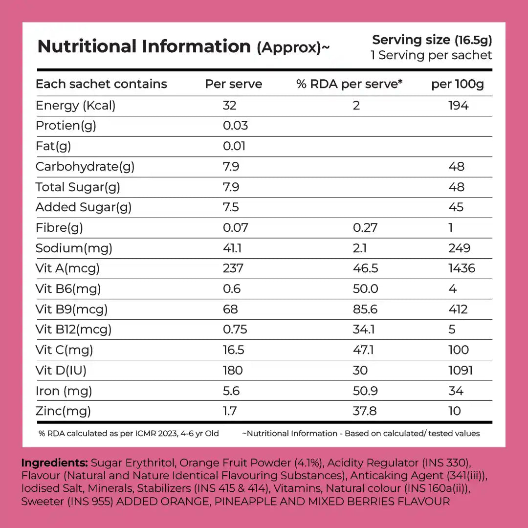 Instant Fruit Drink Mix - Assorted (Natural Orange, Mixed Berries, Pineapple Powder), 50% Less Sugar, With 8 Vitamins & Minerals