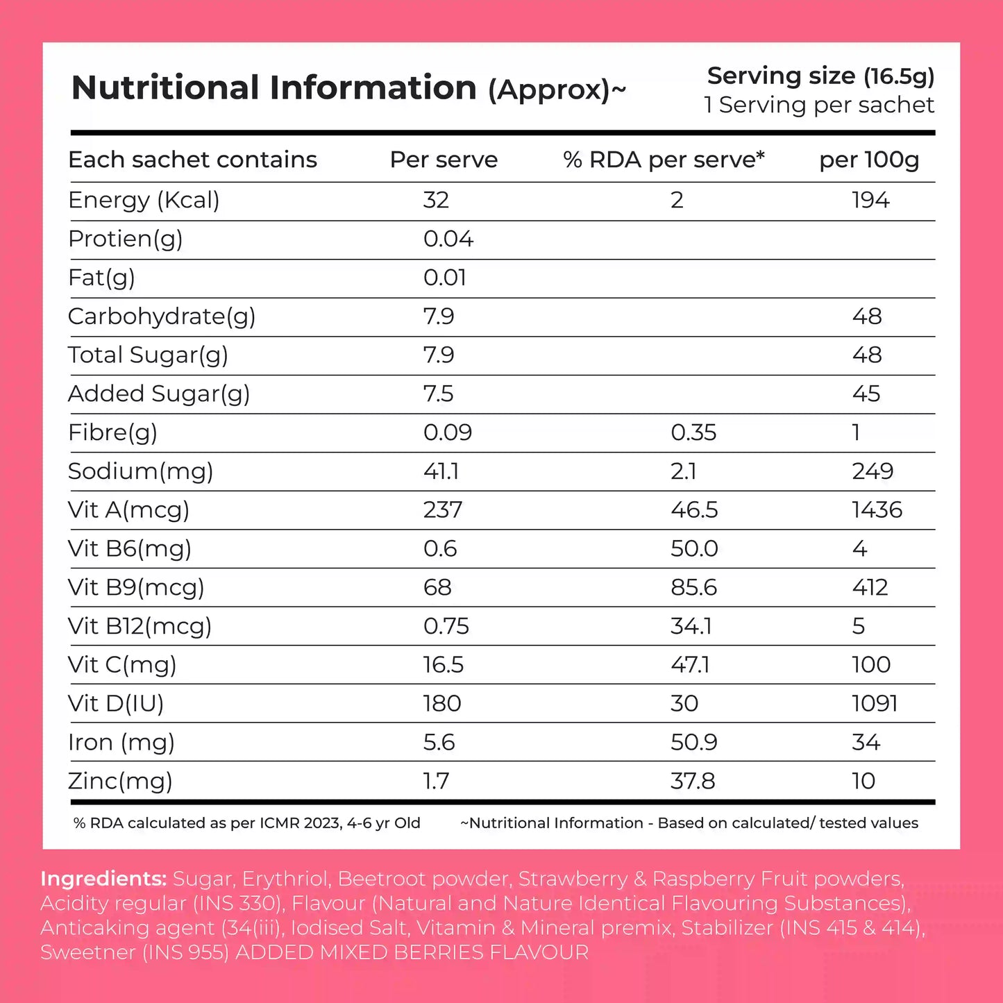 Instant Fruit Drink Mix - Natural Mixed Berries Powder, 50% Less Sugar, With 8 Vitamins & Minerals