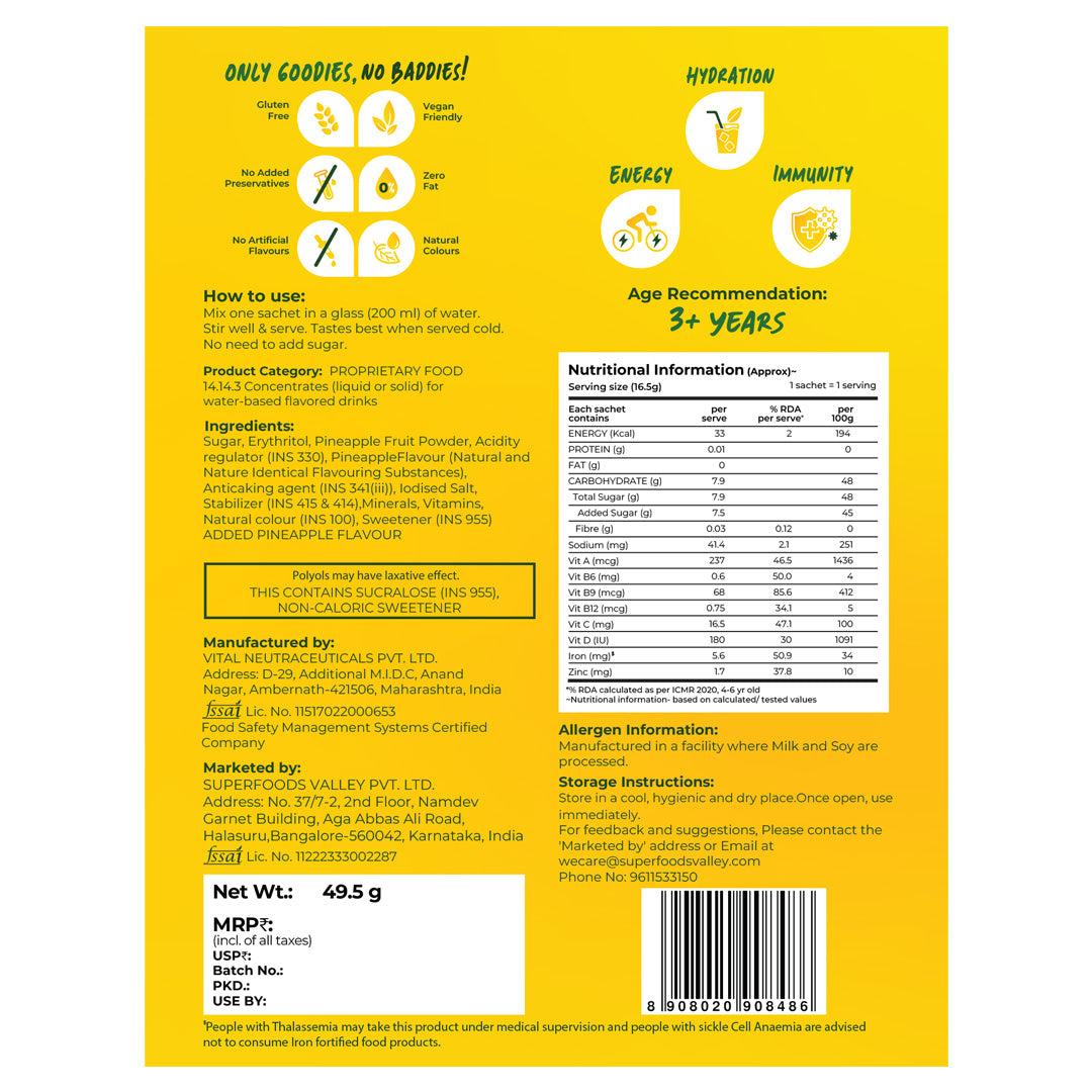 Instant Fruit Drink Mix - Natural Pineapple Powder, 50% Less Sugar, With 8 Vitamins & Minerals