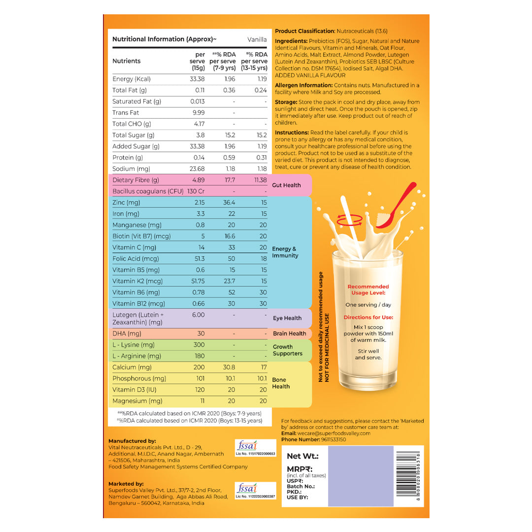 Superheroes Milk Mix (Vanilla): Improves Energy, Immunity, Brain, Eye & Gut Health