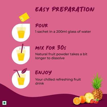 Instant Fruit Drink Mix - Assorted (Natural Orange, Mixed Berries, Pineapple Powder), 50% Less Sugar, With 8 Vitamins & Minerals