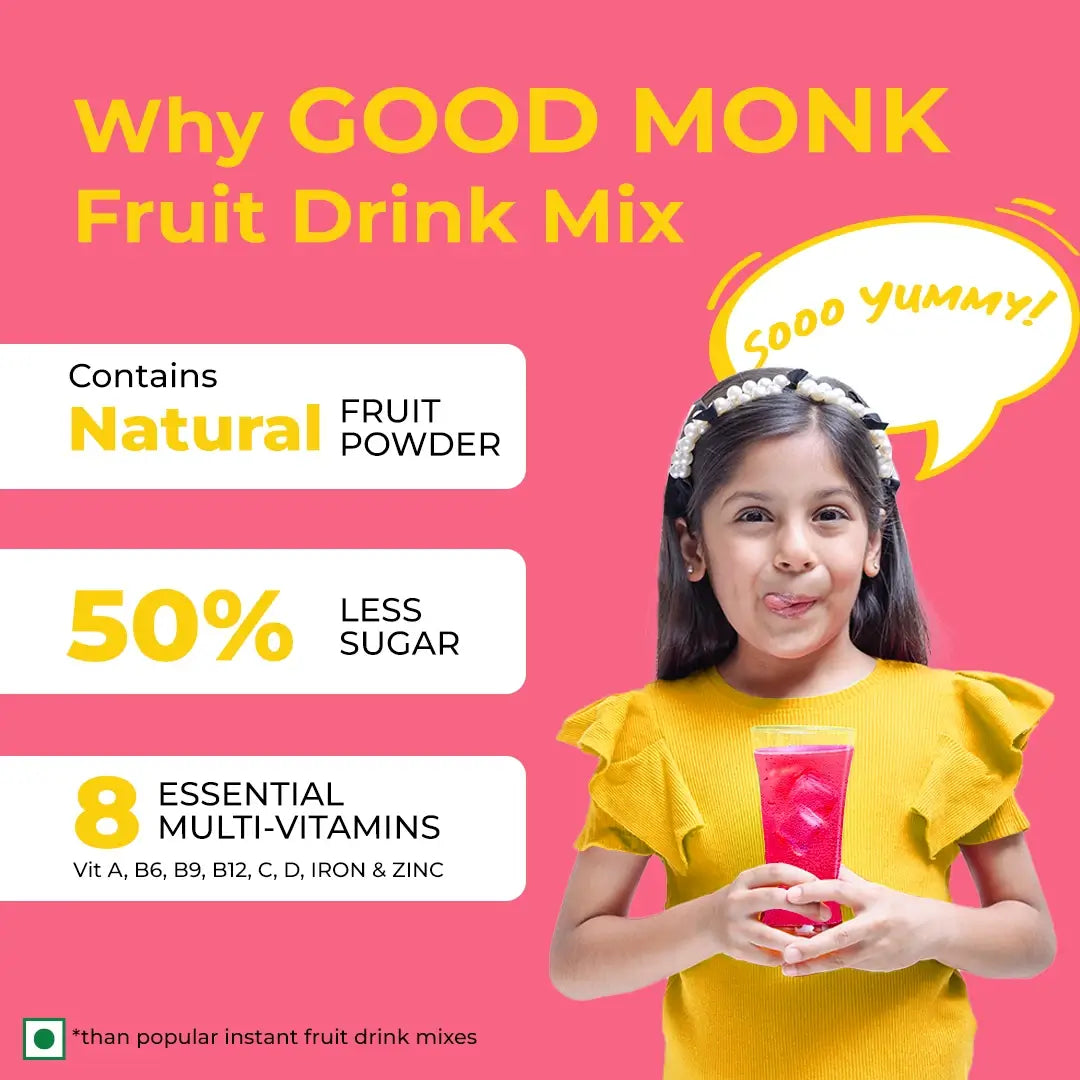 Instant Fruit Drink Mix - Natural Mixed Berries Powder, 50% Less Sugar, With 8 Vitamins & Minerals