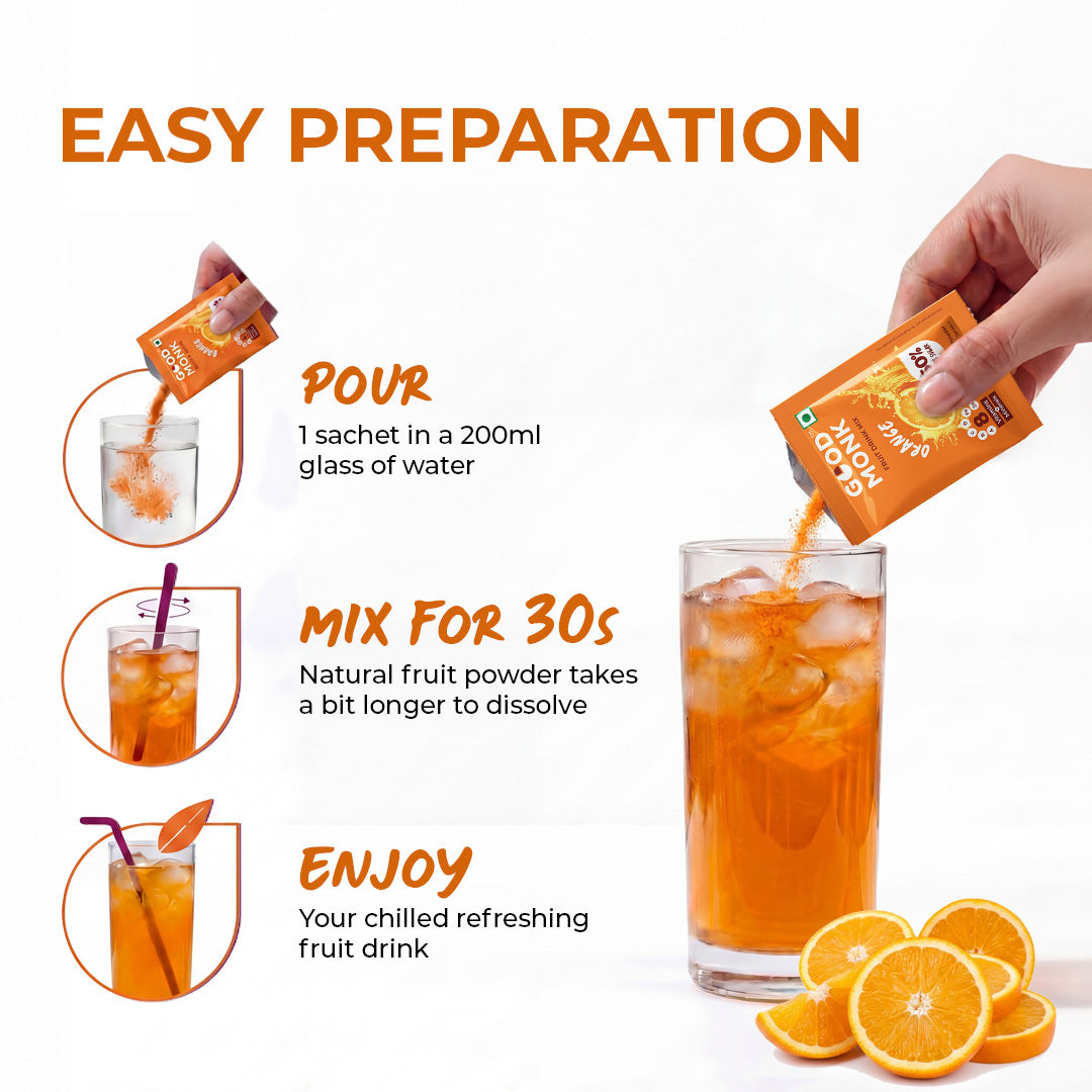 Instant Fruit Drink Mix - Natural Orange Powder, 50% Less Sugar, With 8 Vitamins & Minerals