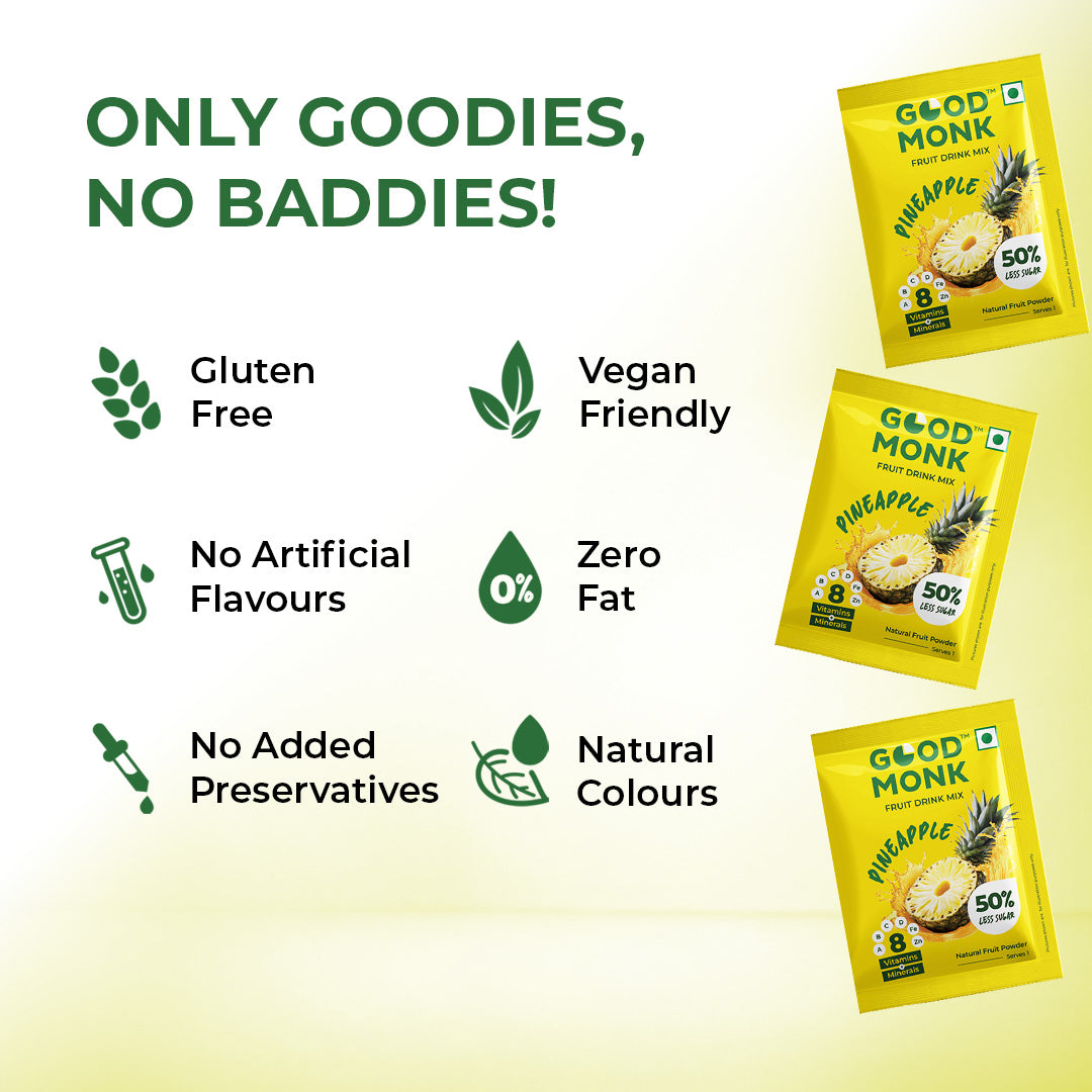 Instant Fruit Drink Mix - Natural Pineapple Powder, 50% Less Sugar, With 8 Vitamins & Minerals