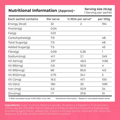 Instant Fruit Drink Mix - Natural Mixed Berries Powder, 50% Less Sugar, With 8 Vitamins & Minerals