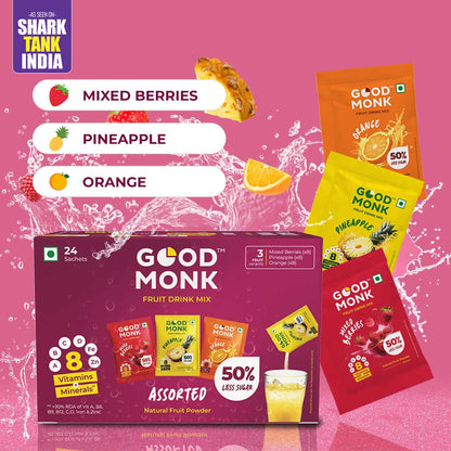 Instant Fruit Drink Mix - Assorted (Natural Orange, Mixed Berries, Pineapple Powder), 50% Less Sugar, With 8 Vitamins & Minerals