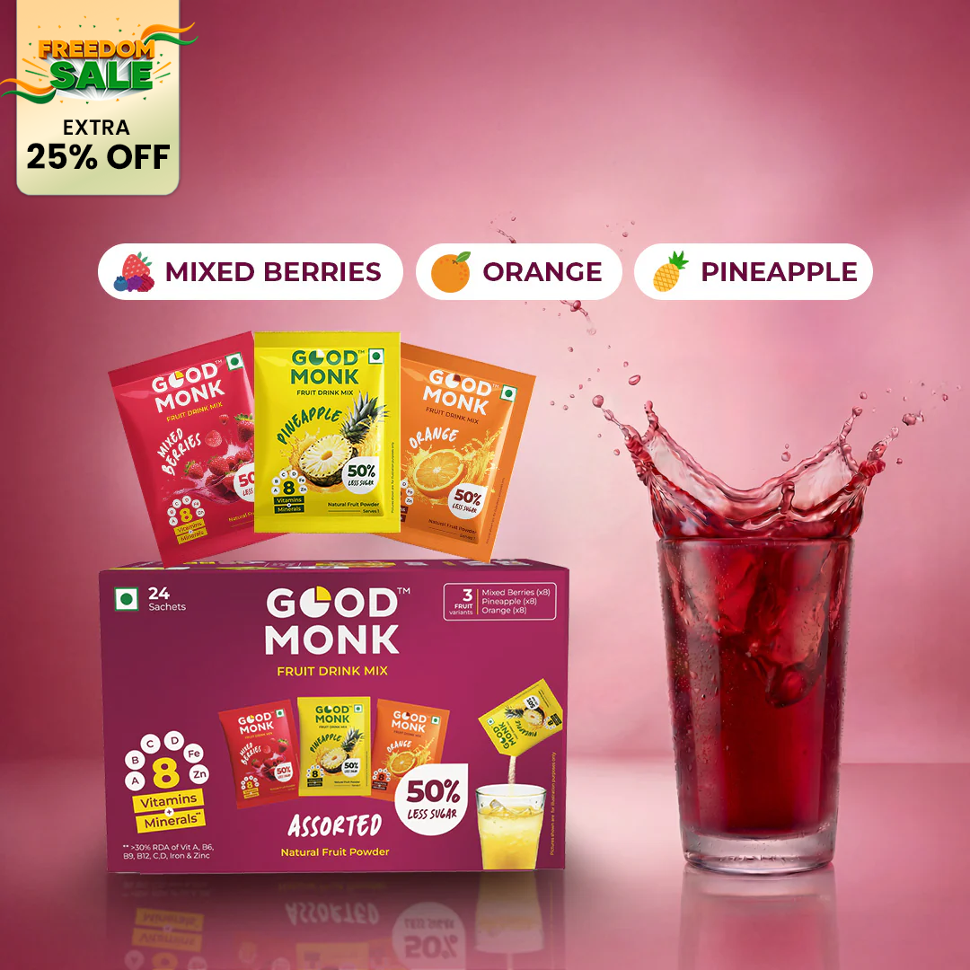 Instant Fruit Drink Mix - Assorted (Natural Orange, Mixed Berries, Pineapple Powder), 50% Less Sugar, With 8 Vitamins & Minerals