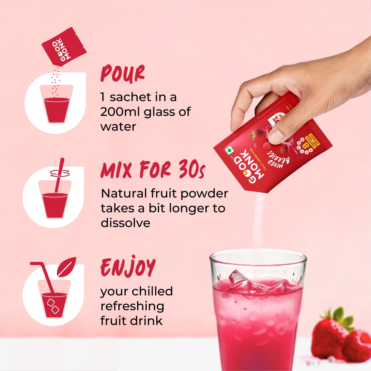 Instant Fruit Drink Mix - Natural Mixed Berries Powder, 50% Less Sugar, With 8 Vitamins & Minerals