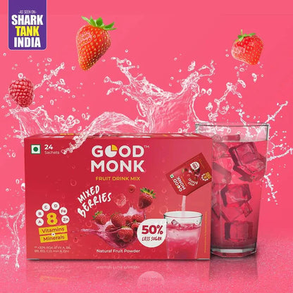 Instant Fruit Drink Mix - Natural Mixed Berries Powder, 50% Less Sugar, With 8 Vitamins & Minerals