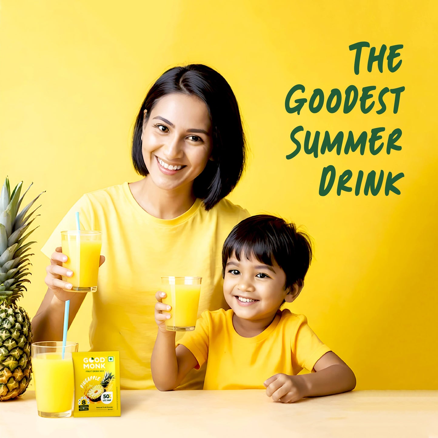 Instant Fruit Drink Mix - Natural Pineapple Powder, 50% Less Sugar, With 8 Vitamins & Minerals