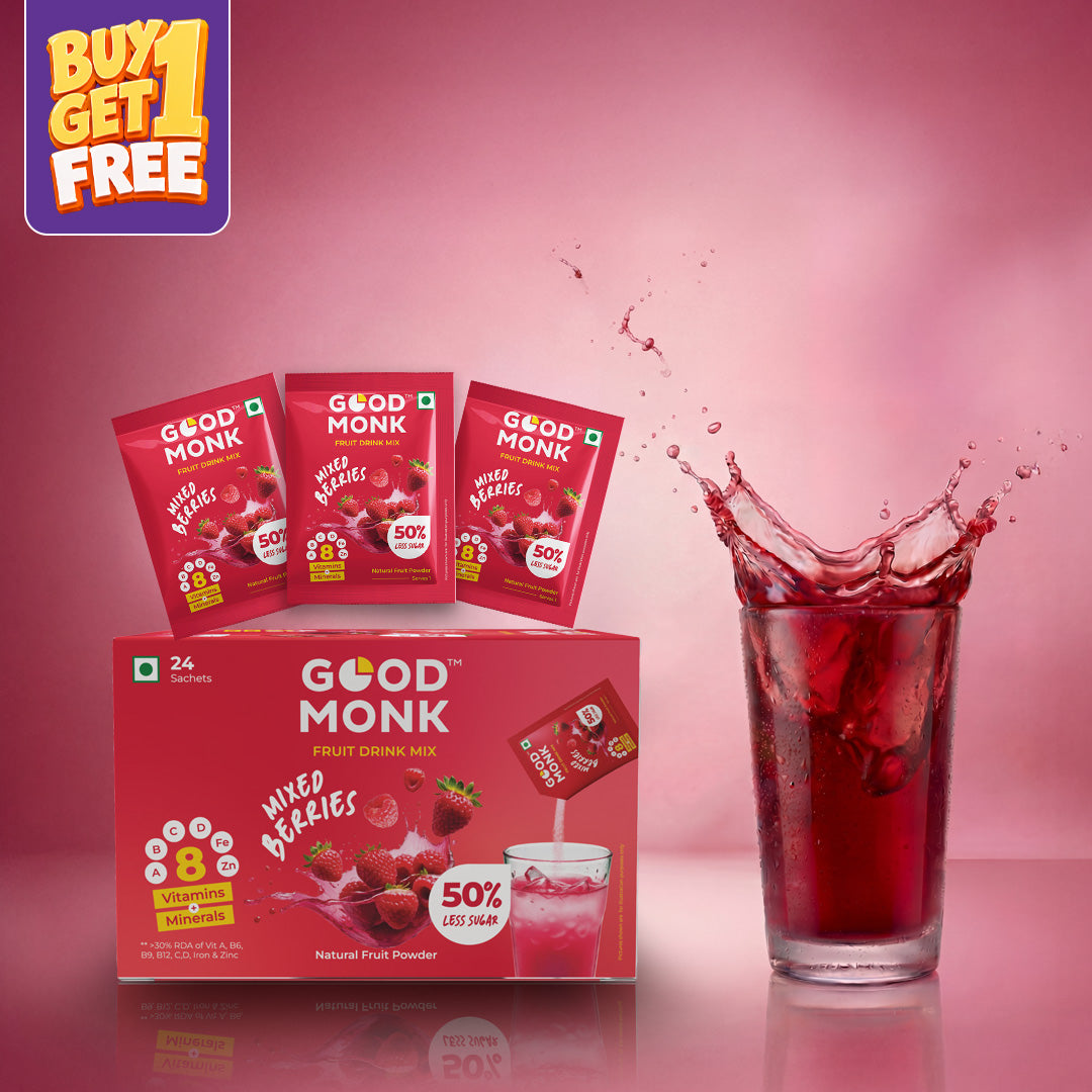 Instant Fruit Drink Mix - Natural Mixed Berries Powder, 50% Less Sugar, With 8 Vitamins & Minerals