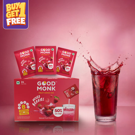 Instant Fruit Drink Mix - Natural Mixed Berries Powder, 50% Less Sugar, With 8 Vitamins & Minerals