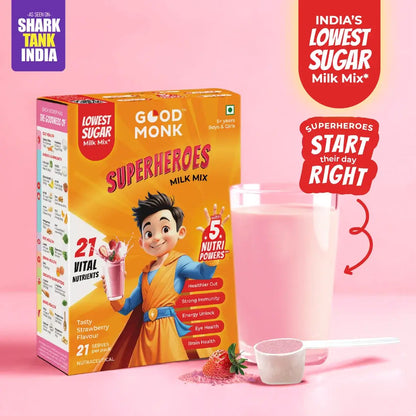 Good Monk Superheroes Milk Mix (Strawberry): Improves Energy, Immunity, Brain, Eye & Gut Health